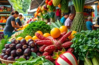 A vibrant field of organic vegetables and fruits growing abundantly in a tranquil, natural landscape.