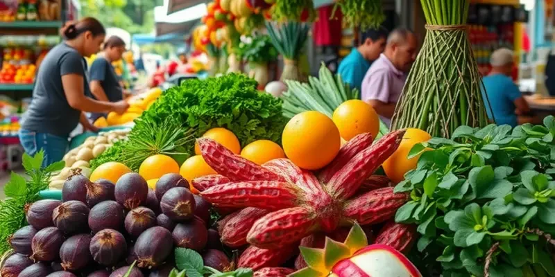 A vibrant field of organic vegetables and fruits growing abundantly in a tranquil, natural landscape.