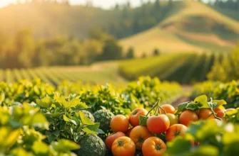 A vibrant landscape filled with fresh fruits and vegetables in a sunny, natural setting.