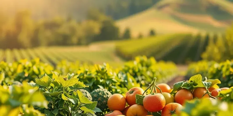 A vibrant landscape filled with fresh fruits and vegetables in a sunny, natural setting.