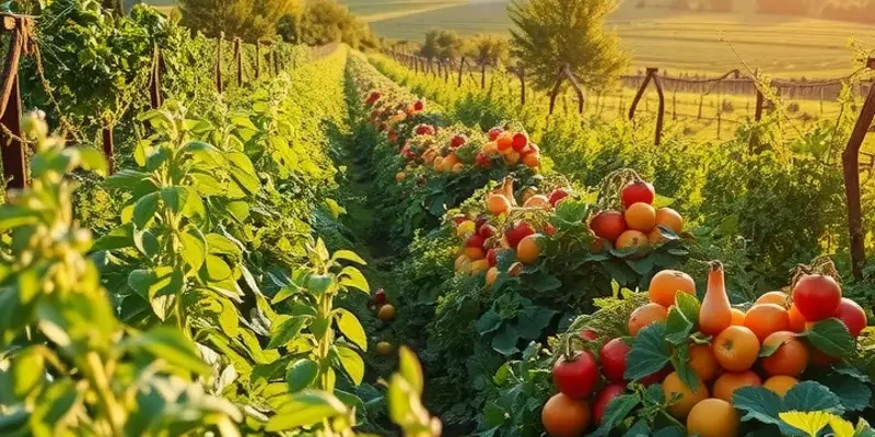 A bright and sunny landscape filled with an abundance of organic vegetables and fruits.