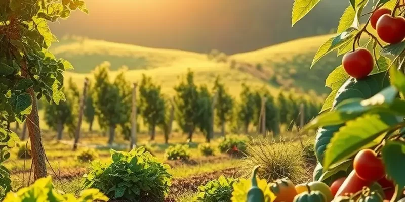 A richly detailed landscape depicting an organic orchard, symbolizing the connection between nature and mindful eating.