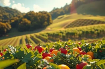 A scenic landscape filled with vibrant fruits and vegetables growing in abundance against a clear blue sky.