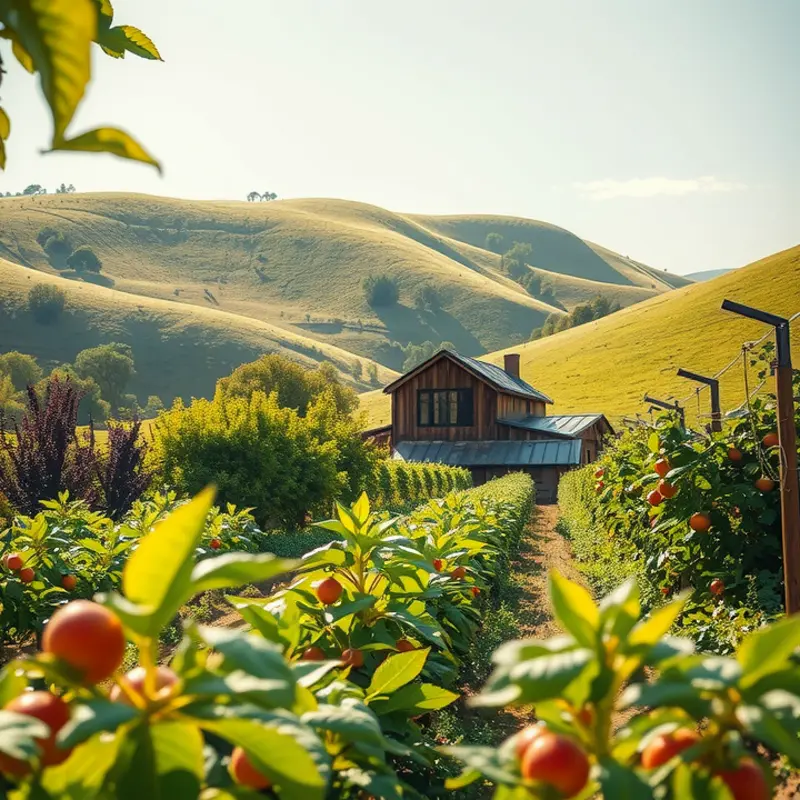 A sunlit orchard filled with vibrant vegetables and fruits.
