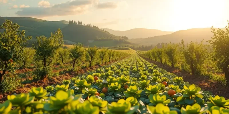 A serene landscape filled with natural organic elements showcasing healthy, abundant growth.