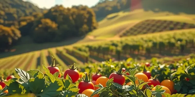 A scenic landscape filled with vibrant fruits and vegetables growing in abundance against a clear blue sky.