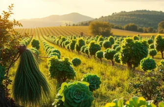 A beautiful organic landscape with colorful vegetables and fruits growing in natural light.