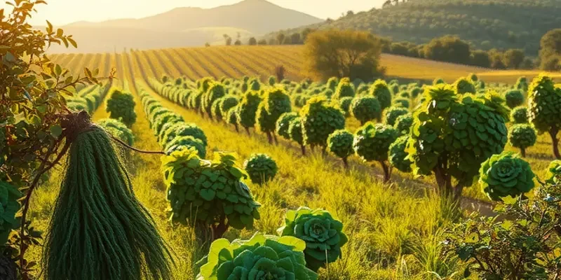 A beautiful organic landscape with colorful vegetables and fruits growing in natural light.