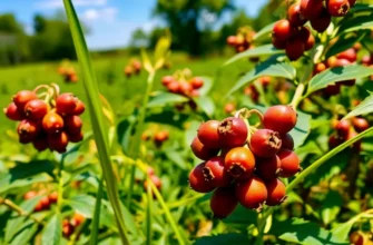 A picturesque landscape of sunlit orchards filled with healthy organic produce, including buckthorn berries.
