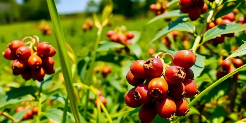 A picturesque landscape of sunlit orchards filled with healthy organic produce, including buckthorn berries.
