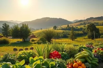 A lush natural landscape filled with vibrant organic vegetables and fruits under warm sunlight.