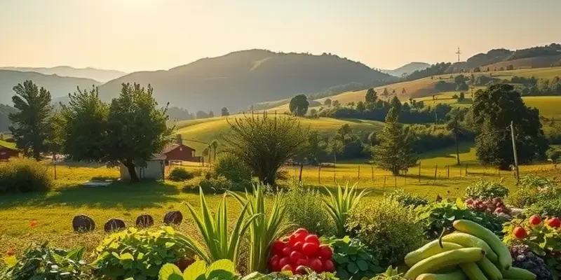 A lush natural landscape filled with vibrant organic vegetables and fruits under warm sunlight.