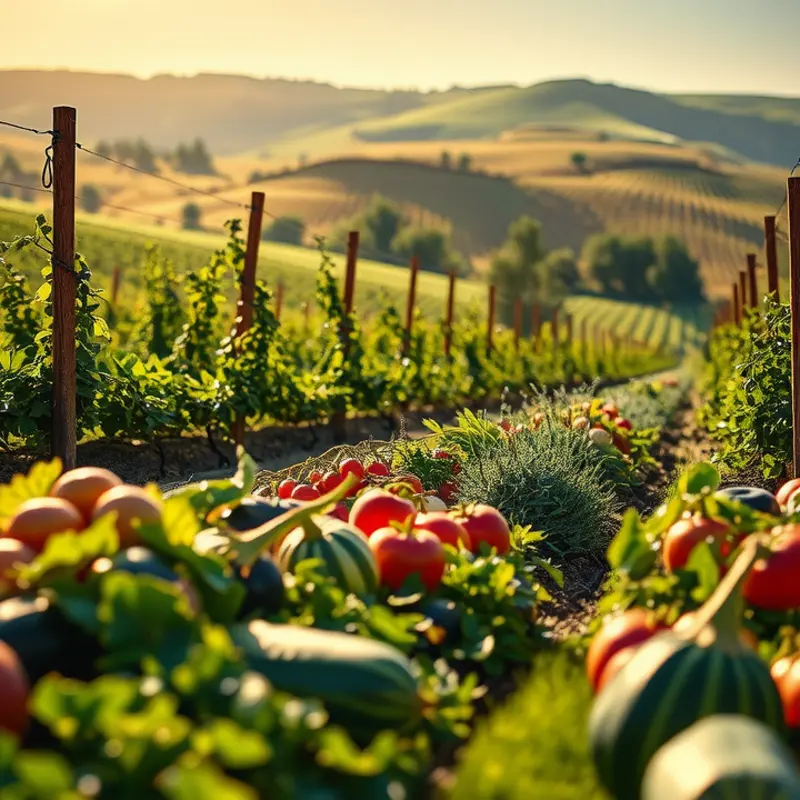 A serene orchard bursting with organic fruits and vegetables.