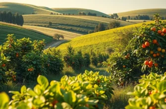 A scenic view of an organic field lush with fruits and vegetables under soft sunlight.