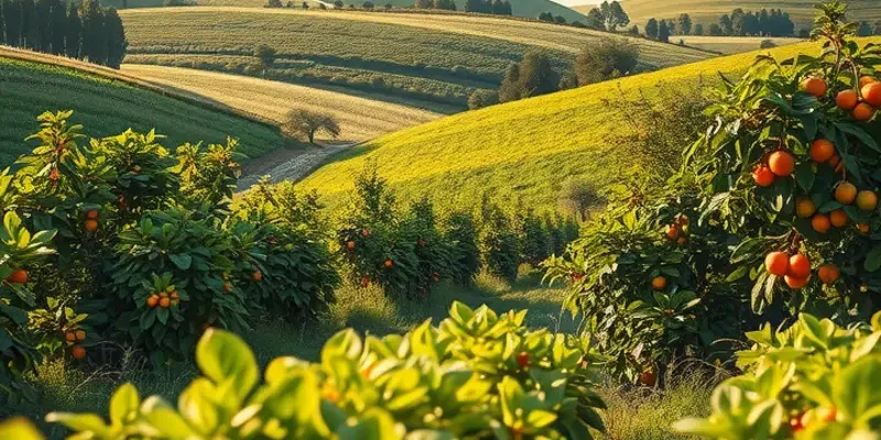 A scenic view of an organic field lush with fruits and vegetables under soft sunlight.