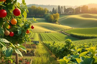 A serene landscape filled with organic vegetables and fruits under the warm sun.