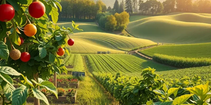 A serene landscape filled with organic vegetables and fruits under the warm sun.
