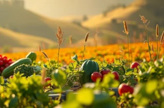 A beautiful landscape of vibrant vegetables and fruits growing in a serene natural setting.