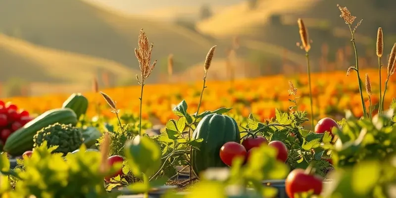 A beautiful landscape of vibrant vegetables and fruits growing in a serene natural setting.