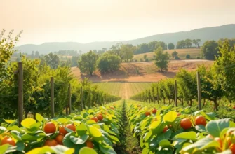 Photorealistic landscape featuring an orchard full of vibrant fruits and vegetables in a sunlit setting.