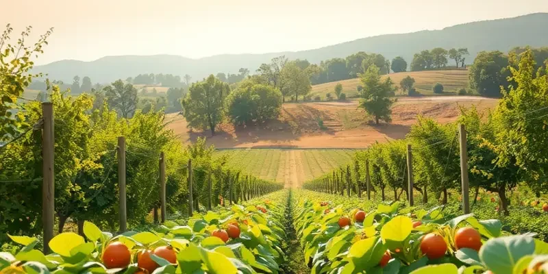 Photorealistic landscape featuring an orchard full of vibrant fruits and vegetables in a sunlit setting.