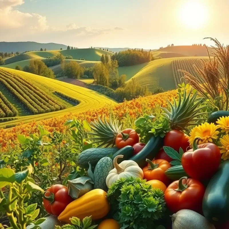 A sunlit orchard filled with organic vegetables and fruits.