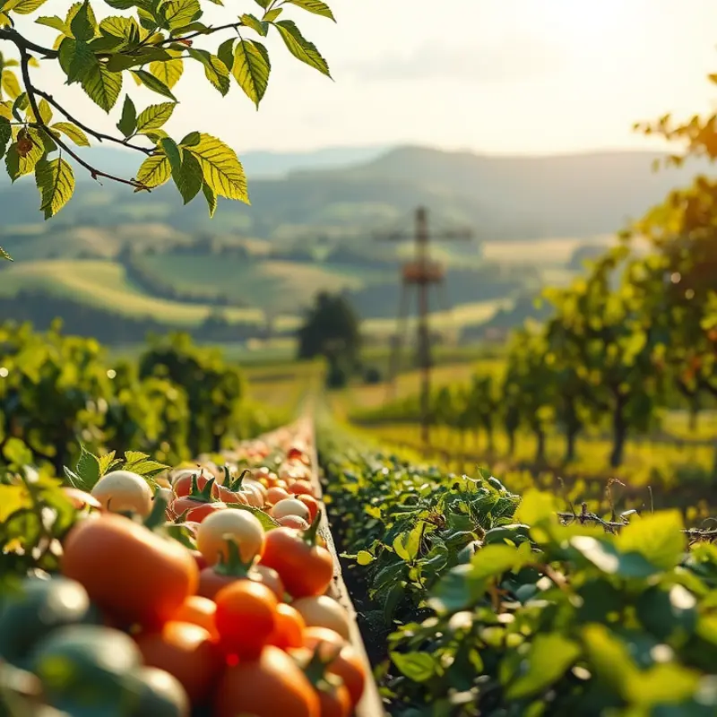 A vibrant sunlit field showcasing an abundance of organic fruits and vegetables.