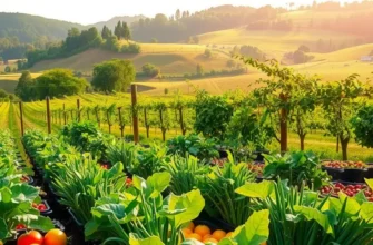 Photorealistic landscape of an orchard with fresh vegetables and fruits.