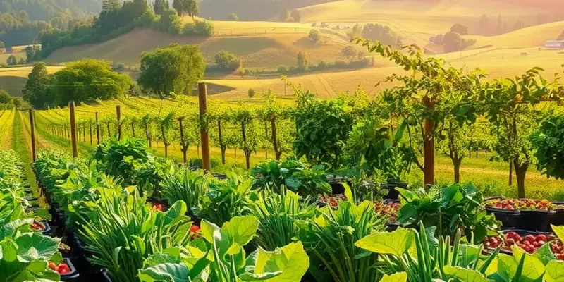 Photorealistic landscape of an orchard with fresh vegetables and fruits.