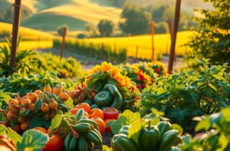 Sunlit landscape showcasing a variety of organic fruits and vegetables in a lush field.