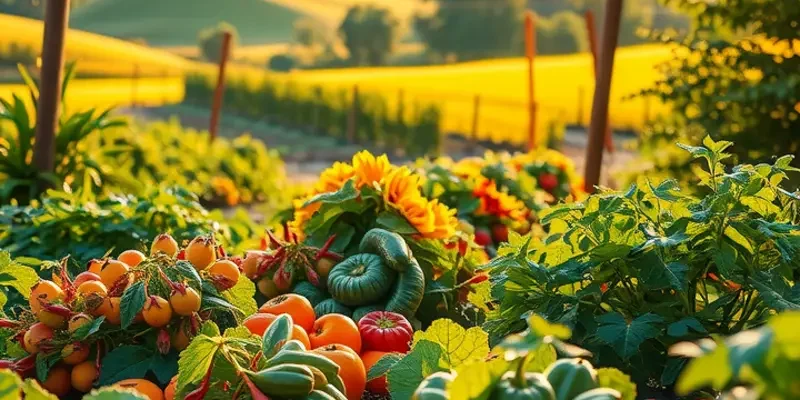 Sunlit landscape showcasing a variety of organic fruits and vegetables in a lush field.