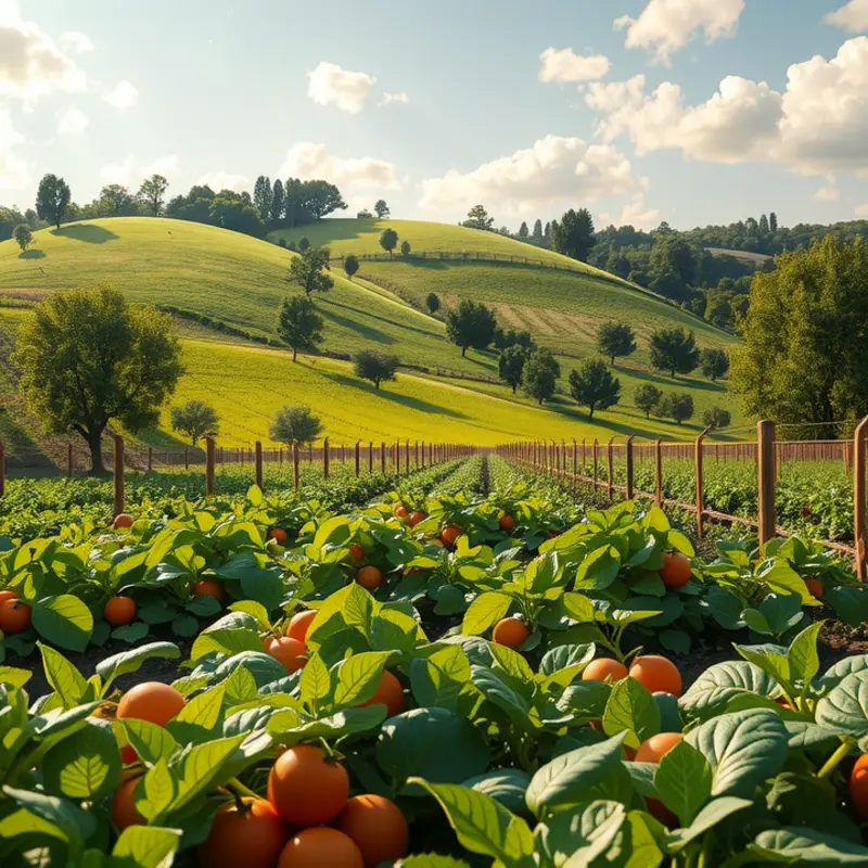 A sunlit field showcasing vibrant vegetables and fruits in harmony with nature.