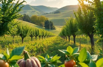 A vivid landscape with an abundance of organic fruits and vegetables, illustrating healthy eating.