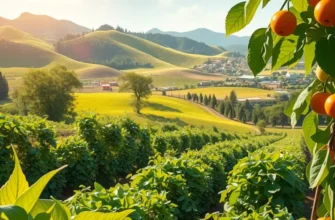 A picturesque landscape featuring a variety of crops thriving under sunlight.