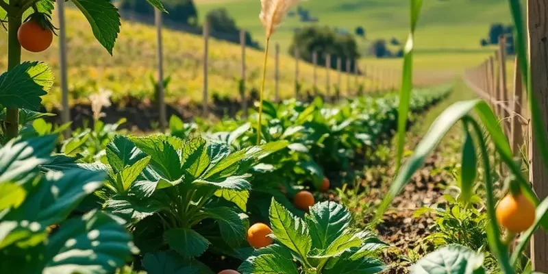 A lush orchard with bright fruits and vegetables, illustrating the beauty of healthy eating.