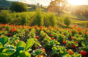 A tranquil sunlit landscape featuring an array of organic fruits and vegetables growing naturally in a lush green field.