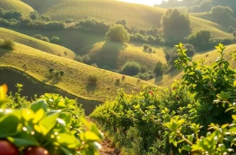 A sunlit landscape featuring a variety of organic fruits and vegetables in a natural setting.