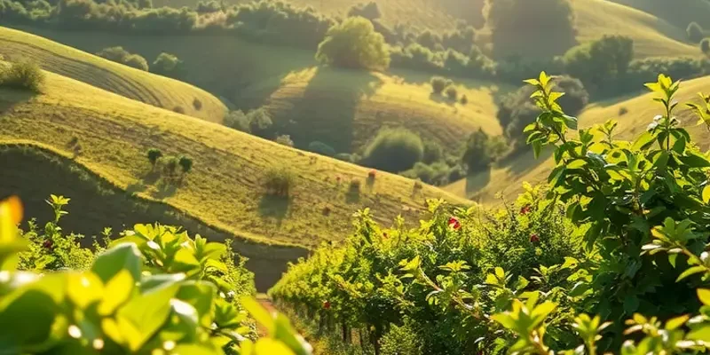A sunlit landscape featuring a variety of organic fruits and vegetables in a natural setting.
