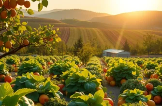 A scenic view showcasing organic produce amidst lush greenery in a sunlit landscape.