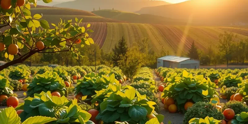 A scenic view showcasing organic produce amidst lush greenery in a sunlit landscape.
