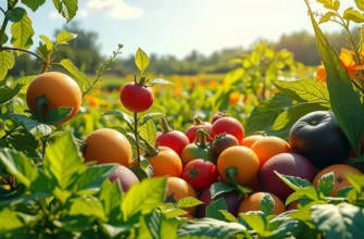 A beautiful orchard filled with vibrant organic fruits and vegetables, bathed in natural sunlight.