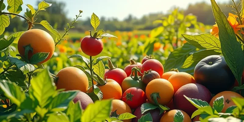A beautiful orchard filled with vibrant organic fruits and vegetables, bathed in natural sunlight.