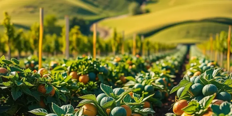 A beautiful orchard filled with a variety of healthy fresh fruits and vegetables.