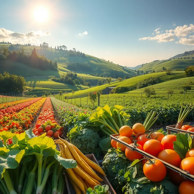 A sunlit field showcasing vibrant organic produce.