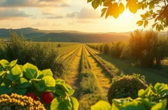 A vibrant sunlit field displaying an array of organic fruits and vegetables amidst lush greenery, capturing the essence of healthy eating.