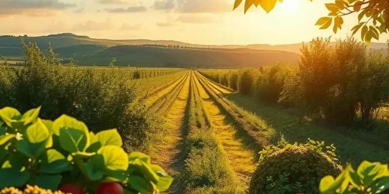 A vibrant sunlit field displaying an array of organic fruits and vegetables amidst lush greenery, capturing the essence of healthy eating.