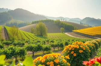 A scenic view of an orchard abundant with organic fruits and vegetables.