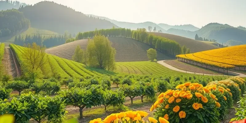 A scenic view of an orchard abundant with organic fruits and vegetables.