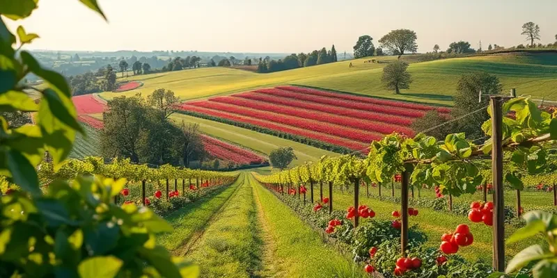 A serene landscape featuring lush, green hills with vibrant vegetables and fruits, symbolizing the essence of healthy eating.