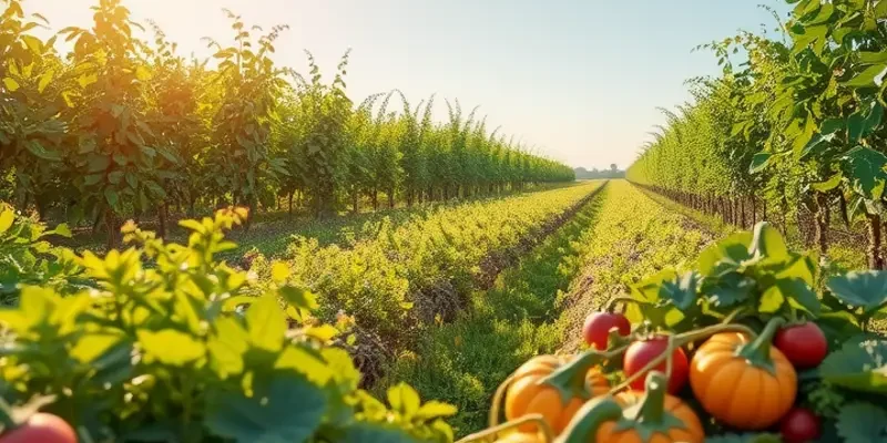 A scenic view of a field filled with fresh organic vegetables and fruits, emphasizing healthy nutrition.